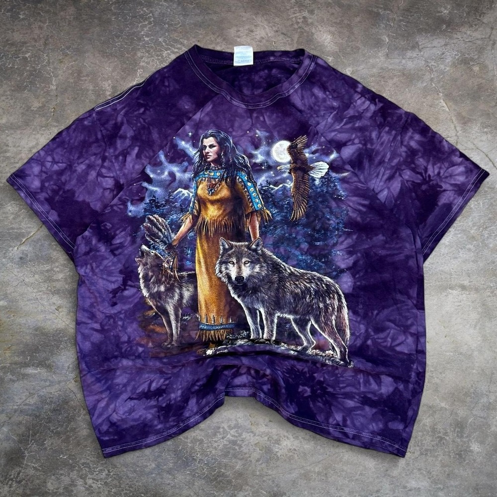 Vintage 2000s Purple Wolf Native American Nature Graphic Tee Adult Size XL Y2K